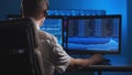 Broker works in office using workstation and analysis technology. Workplace of professional trader. Global financial Royalty Free Stock Photo