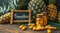 Bromelain in pineapple capsules supplements on the table. Selective focus. Royalty Free Stock Photo