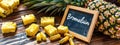 Bromelain in pineapple capsules supplements on the table. Selective focus. Royalty Free Stock Photo