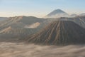 Bromo, Batok and Semeru volcanoes at sunrise, Java island, Tengger Semeru national park, East Java, Indonesia Royalty Free Stock Photo