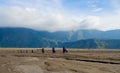 BROMO, INDONESIA - JULY 12, 2O17 : Tourists hiking up to the top of Mount Bromo, the active mount Bromo is one of the