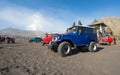 BROMO, INDONESIA - Sep 13: Unidentified workers wait jeep rental for tourists at Mount Bromo on Sep 13, 2015 in Java, Indonesia.
