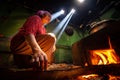 Unidentified local lady preparing a lunch for family with traditional wood kitchen