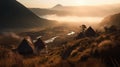 The Bromo mountains landscape during a heavy misty morning with a hint of golden hour is a stunning and atmospheric image that cap