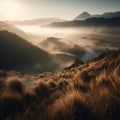 The Bromo mountains landscape during a heavy misty morning with a hint of golden hour is a stunning and atmospheric image that cap