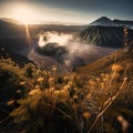 The Bromo mountains landscape during a heavy misty morning with a hint of golden hour is a stunning and atmospheric image that cap