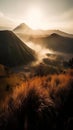 The Bromo mountains landscape during a heavy misty morning with a hint of golden hour is a stunning and atmospheric image that cap