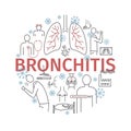 Bronchitis. Round banner. Symptoms, Treatment. Line icons set. Vector signs.