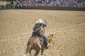 Bronco rider coming out of gate with lasso, Inter-Tribal Ceremonial Indian Rodeo, Gallup NM
