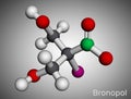 Bronopol molecule. It is preservative, is used as a microbicide or microbiostat. Molecular model. 3D rendering