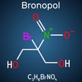 Bronopol molecule. It is preservative, is used as a microbicide or microbiostat. Structural chemical formula on the dark