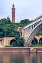 Vertical view of the historic High Bridge spanning the Harlem River and Highbridge Water Tower is