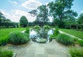A view of the Aquatic Garden at Wave Hill. A reflective pool with aquatic plants, hedges and