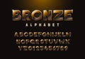 Bronze alphabet. Copper colored font 3d effect typography letters and numbers. Metallic luxury and premium three dimensional