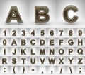 Bronze alphabet on white background. 3D letters numbers and font symbols with oxidized scratched texture.