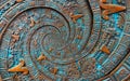 Bronze ancient antique classical spiral aztec ornament pattern decoration design background. Surrealistic abstract texture fractal