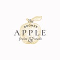 The Bronze Apple Abstract Vector Sign, Symbol or Logo Template. Apple with Leaf Sillhouette Sketch with Elegant Retro