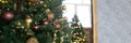 Bronze balls on the Christmas tree close-up. Christmas tree design decorations. The concept of celebrating New Year and