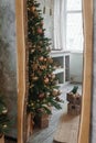 Bronze balls on the Christmas tree close-up. Christmas tree design decorations. The concept of celebrating New Year and