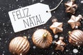 Bronze Balls, Snowflakes, Feliz Natal Means Merry Christmas Royalty Free Stock Photo