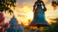 Bronze Bell at Sunset Near Asian Temple Royalty Free Stock Photo