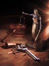 Blind justice, gavel and gun Royalty Free Stock Photo