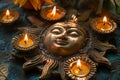 Bronze Buddha Face With Lit Diyas, Serenity Sinhala New Year Greeting Cards. AI Generated