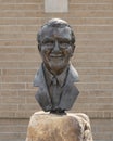 Bronze bust of Bethany Police Department Chaplain Waily Renegar in his memorial outside the Bethany Police Department.