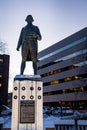 Bronze Captain Cook Monument in Resolution Park, downtown, Anchorage, Alaska. Royalty Free Stock Photo