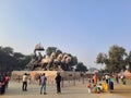 Bronze chariot of Lord Krishna and Arjuna at Brahma Sarovar, Kurukshetra in Haryana Royalty Free Stock Photo