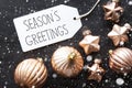 Bronze Christmas Balls, Snowflakes, Text Seasons Greetings