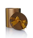 Bronze classic shiny open round gift hat box with golden satin bow Royalty Free Stock Photo