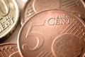 Bronze coin 5 euro cents. European money. Pile of European coins Royalty Free Stock Photo