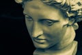 Bronze color gypsum copy of ancient statue Apollo God of Sun and Poetry head for artists on dark background. Renaissance