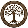 Bronze-colored circular emblem featuring a stylized tree with rounded fruits and Royalty Free Stock Photo