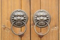 Bronze door handle muzzle Chinese dragon on the background of brown wooden boards. Royalty Free Stock Photo