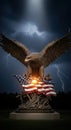 Bronze eagle atop American flag statue under stormy sky Royalty Free Stock Photo