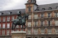 Bronze equestrian statue of King Philip III and Casa de la Panaderia ( Bakery House ) on background, Plaza Mayor, Madrid, Spain Royalty Free Stock Photo