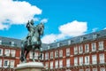 Bronze equestrian statue of King Philip III from 1616 at the Plaza Mayor in Madrid, Spain. Royalty Free Stock Photo