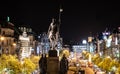 Bronze equestrian statue of Saint Wenceslas on Wenceslas Square in Prague by night, Czech Republic. View from back side Royalty Free Stock Photo