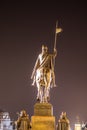 Bronze equestrian statue of Saint Wenceslas on Wenceslas Square in Prague by night, Czech Republic. View from back side Royalty Free Stock Photo