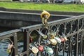 Bronze figurine of Homlin Sculpture `Grandfather on the Bridge`. Honey Bridge. Kaliningrad.