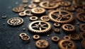 Bronze gears spill across dark surface creating intricate patterns. Metallic components form complex assembly suggesting Royalty Free Stock Photo