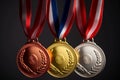 Bronze gold and silver medals close up