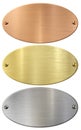 Bronze, gold and silver oval metal plates 3d illustration set isolated with clipping path included