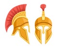 Bronze greek helmet. Spartan ancient armor. Red hair helmet. Flat illustration isolated on white background