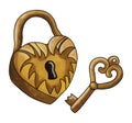 Bronze heart-shaped lock with floral pattern and bronze key Royalty Free Stock Photo