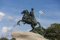 Bronze Horseman equestrian sculpture of Peter the Great side view close up with the St. Andrew Andreevsky flag