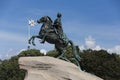 Bronze Horseman equestrian sculpture of Peter the Great side view close up with the St. Andrew Andreevsky flag