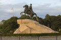 Bronze Horseman equestrian sculpture of Peter the Great side view with the St. Andrew Andreevsky flag